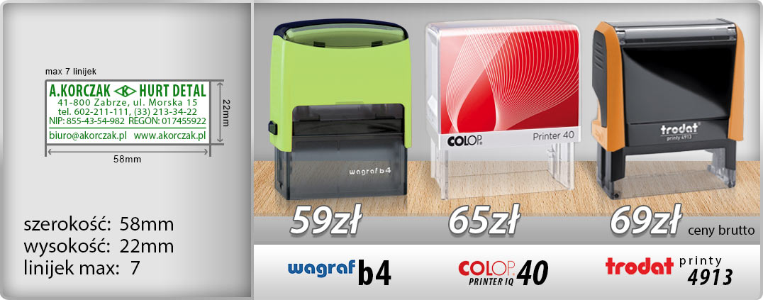 Pieczątka firmowa Warszawa Wagraf Polan 4s - 59zł, Colop IQ 40 - 65zł, Trodat Printy 4913 - 69zł