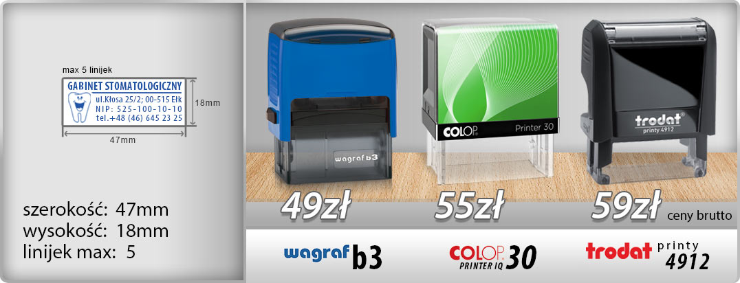 Pieczątka faksymila Warszawa Wagraf b3 - 49zł, Colop IQ - 55zł, Trodat Printy 4912 - 59zł